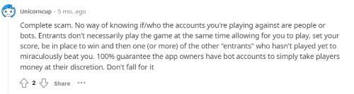A Reddit post from someone who thinks Solitaire Clash is a scam and that the other players are bots. 