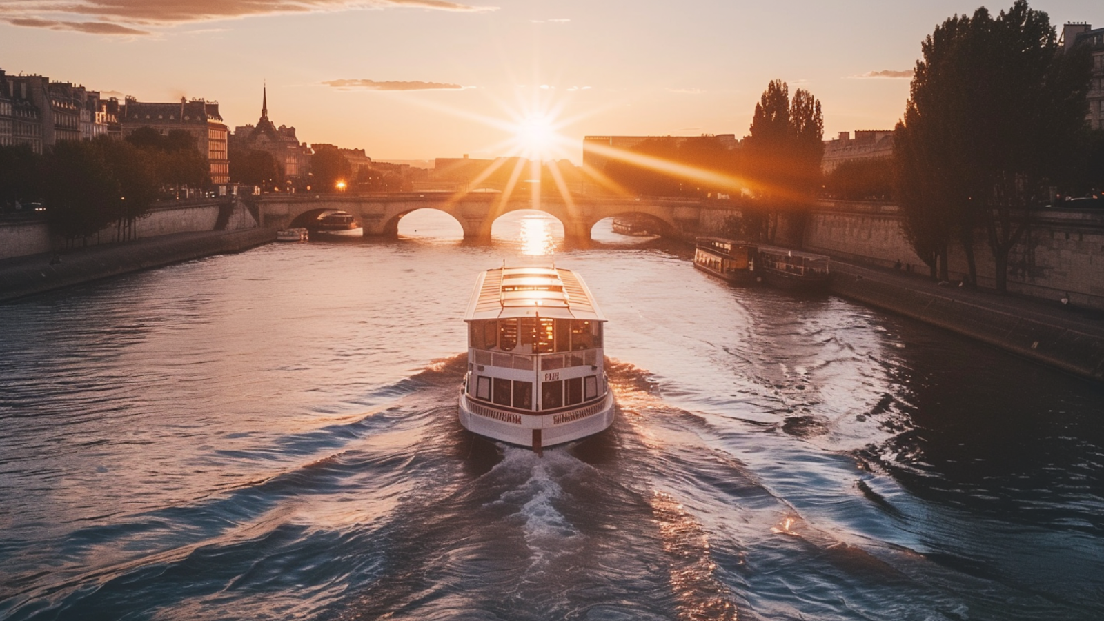  A boat cruising along the Seine River in Paris during sunse
