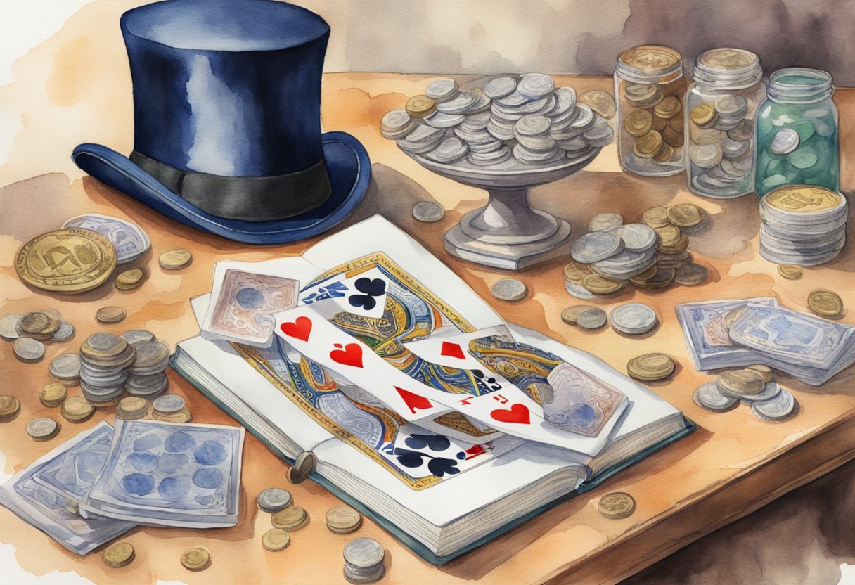 A table covered in playing cards, coins, and small objects. A book titled "Beginner's Guide to Magic Tricks" open with instructions visible. A wand and top hat nearby