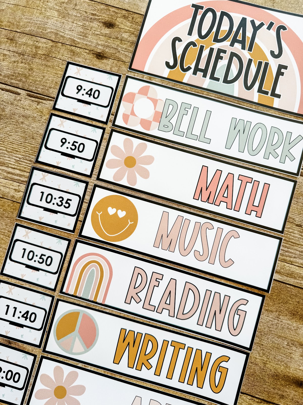 This image shows daily classroom schedule cards in a pastel retro classroom theme. 