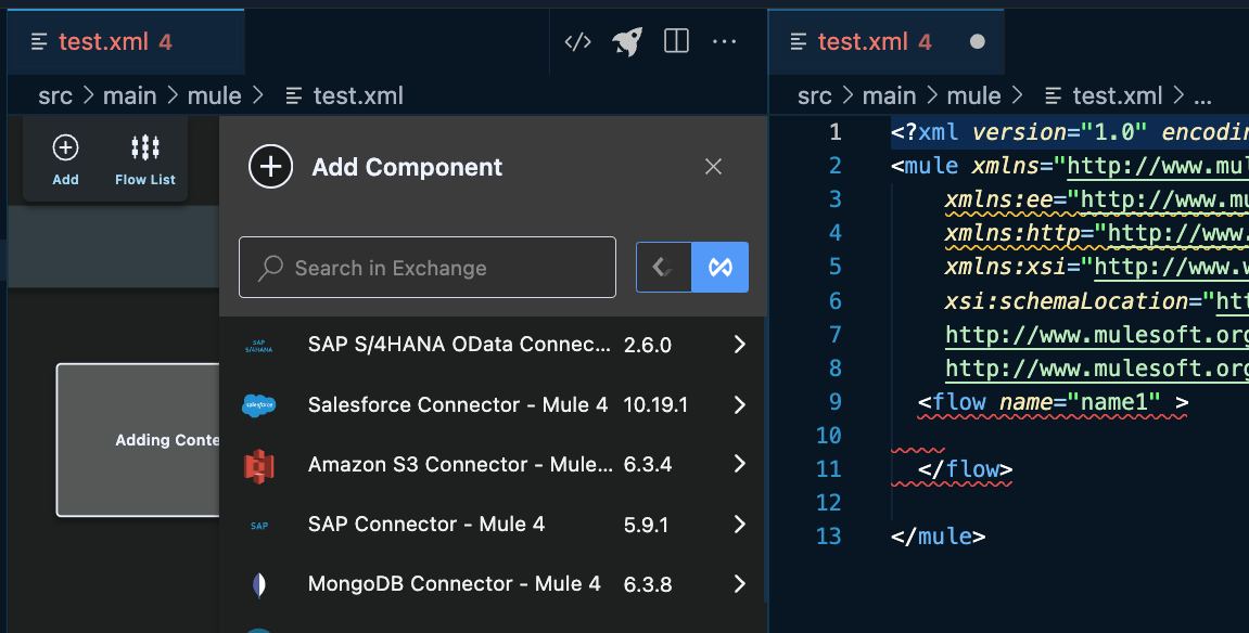 Add Component window with a list of the Exchange modules