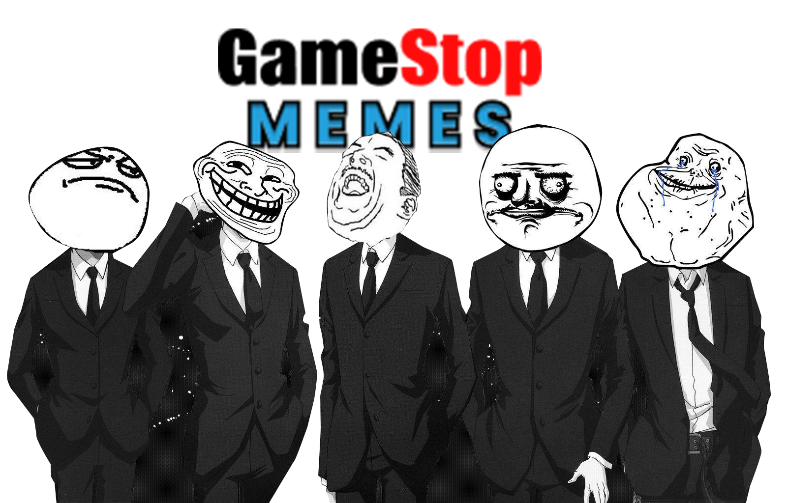 GameStop Memes Banner
Four Memes face guys wearing black three piece suits.