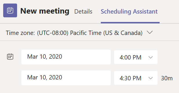 Scheduling Assistant tab in the Teams new meeting scheduling form.