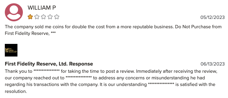 First Fidelity Reserve complaints on BBB 1