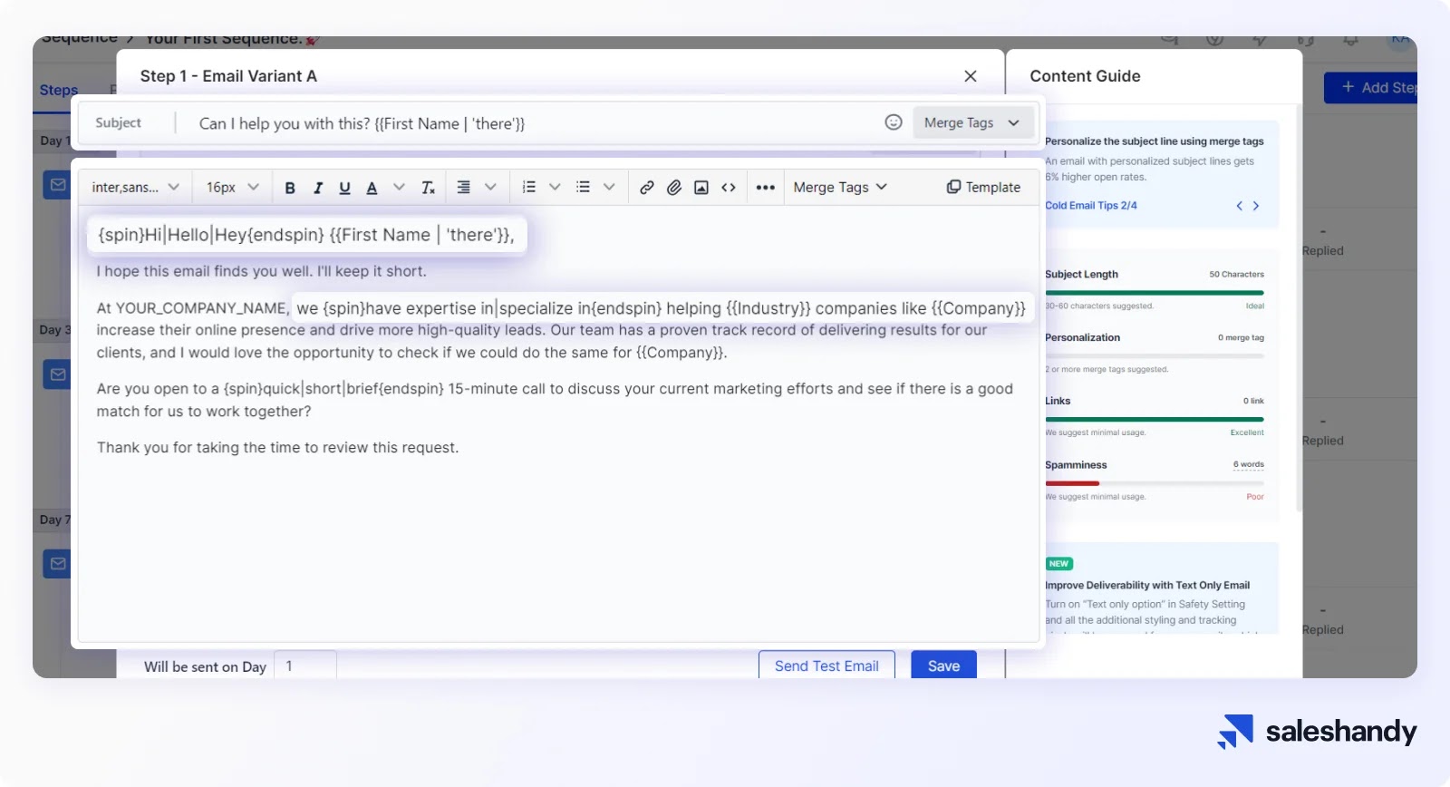 Personalization features of Saleshandy - Spintax and Merge Tags.