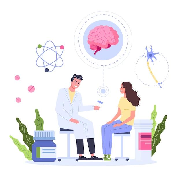 Healthcare concept, idea of doctor caring about patient health. Female patient on a consultation with neurologist. Medical treatment and recovery.  illustration 