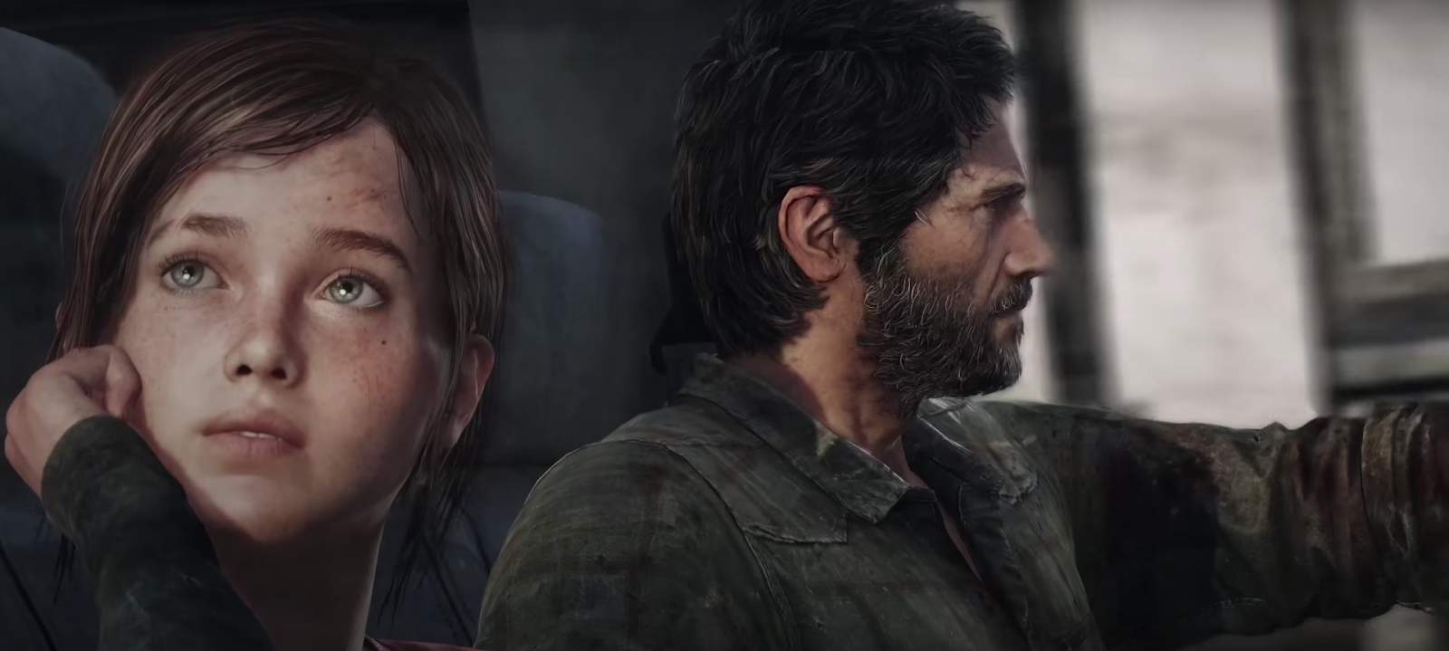 An in game screenshot of Joel and Ellie from The Last of Us game. 