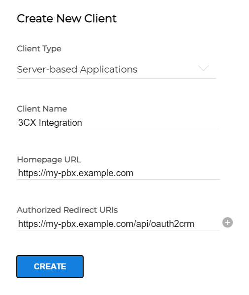 Нажмите "ADD CLIENT".
При запросе типа клиента выберите "Server-based Applications".
Введите название клиента, например, "3CX Integration".
