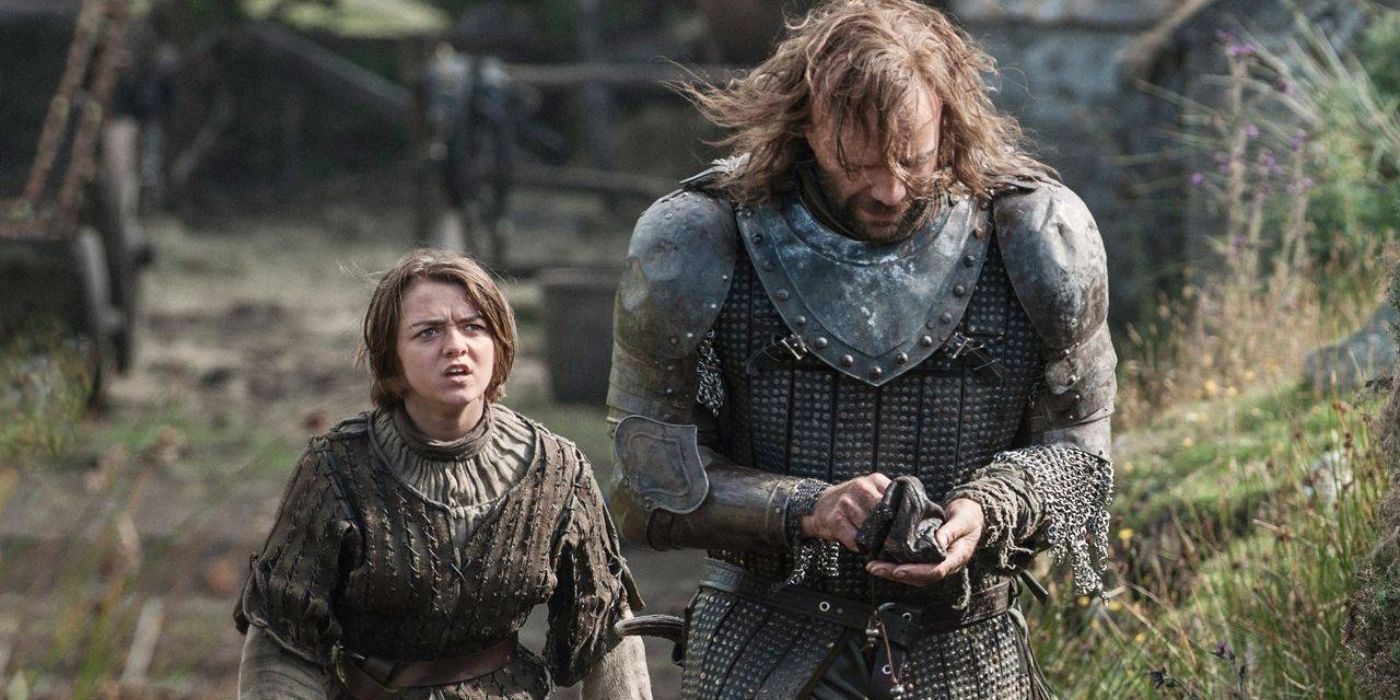 Arya follows The Hound outside in Game of Thrones