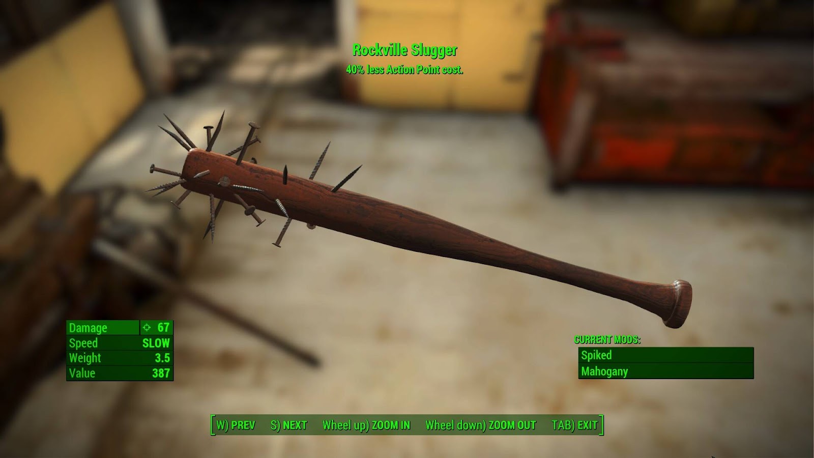 The Rockville Slugger, a mahogany baseball bat with multiple nails driven into the head, viewed through the inventory UI of Fallout 4.