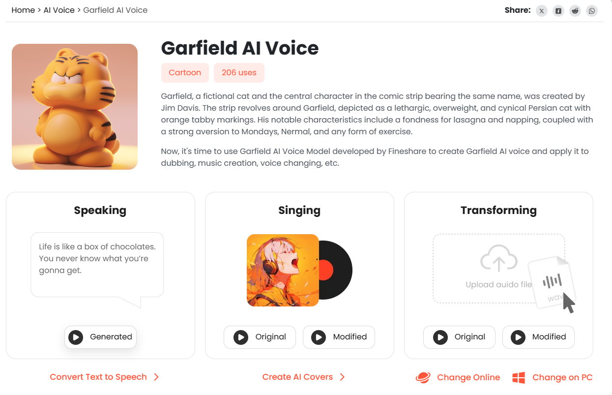 Free Online AI Garfield Text-to-Speech Generator Fineshare Garfield AI Voice 