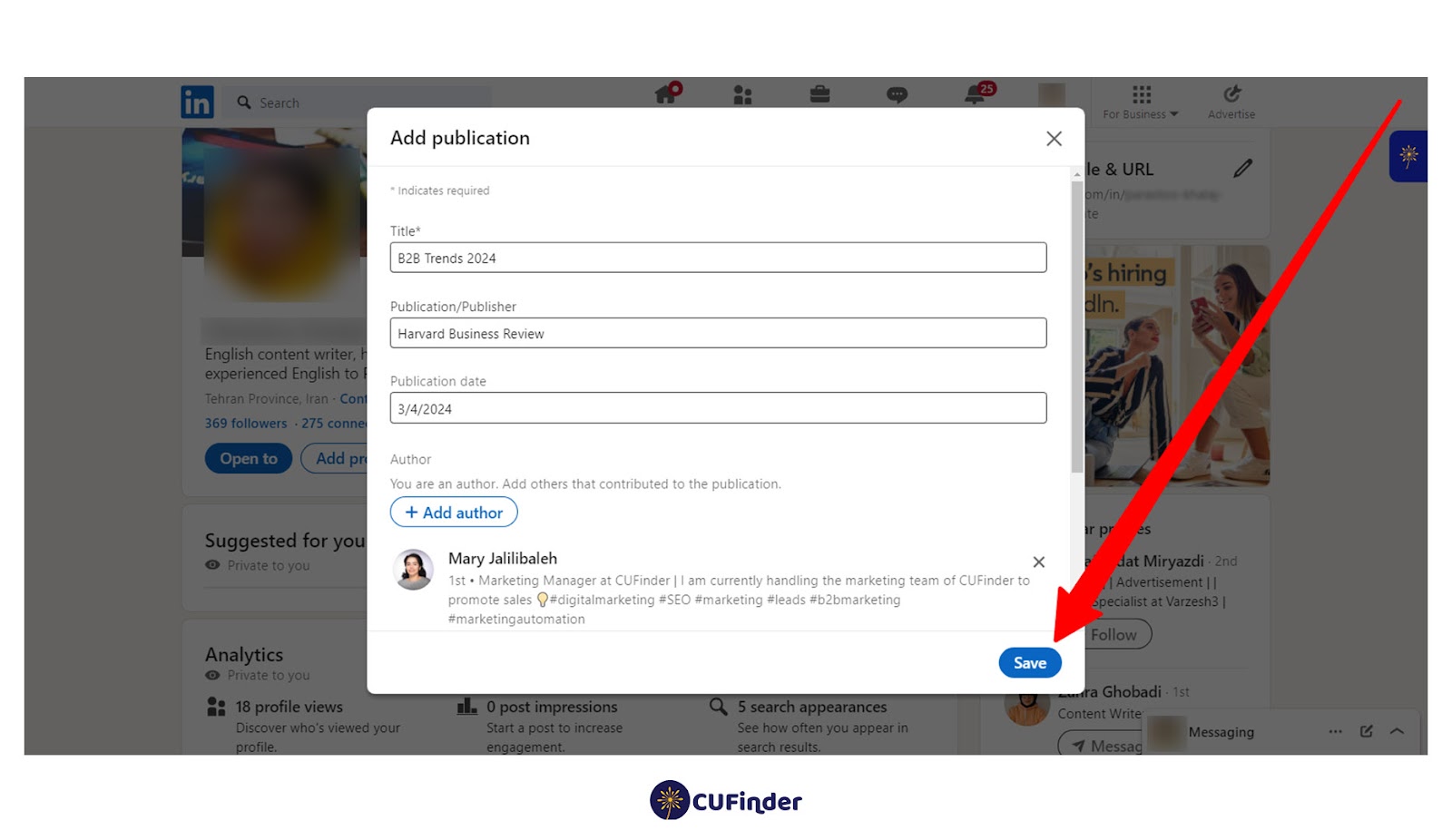 Save your changes to add the publication to your LinkedIn profile.