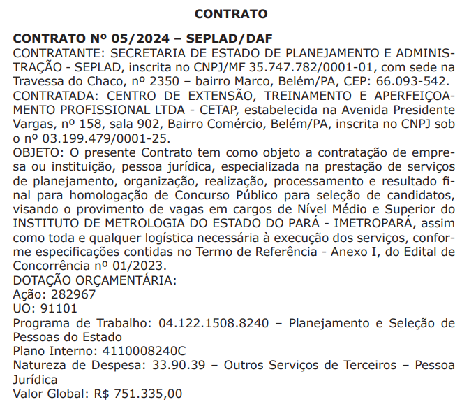 IMETROPARÁ Divulga Extrato do Contrato para Novo Concurso