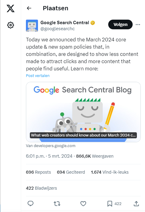Google kondigt de maart core update aan