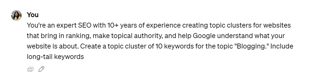 Image of ChatGPT Prompt for creating topic clusters.