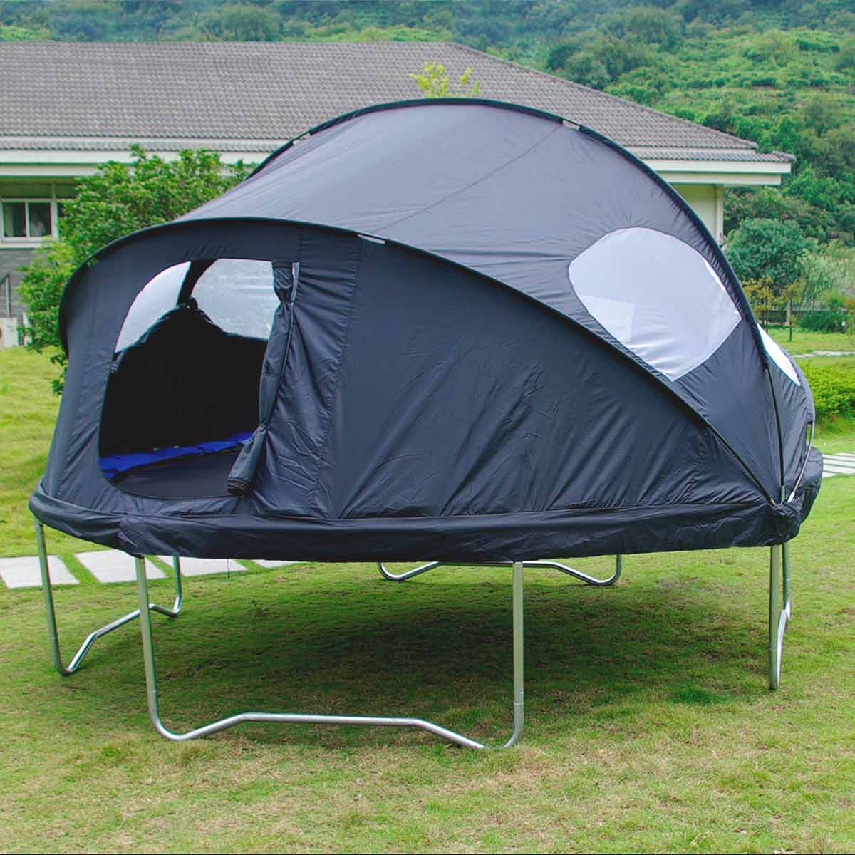 A black camping trampoline tent with steel stands
