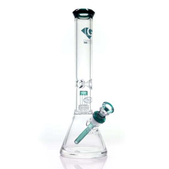 A glass bong with a green handle Description automatically generated