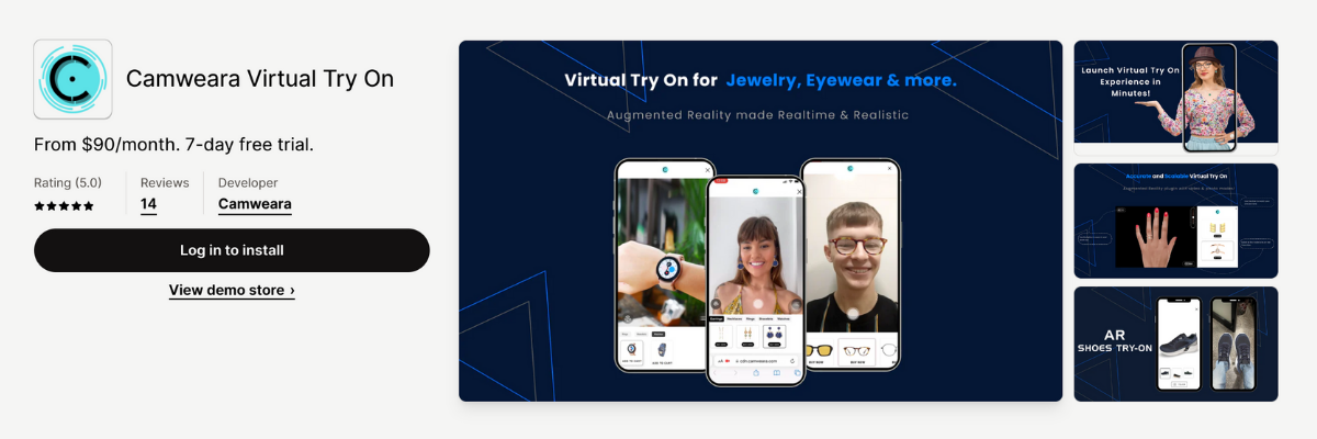 shopify app store listing page of Camweara Virtual Try On
