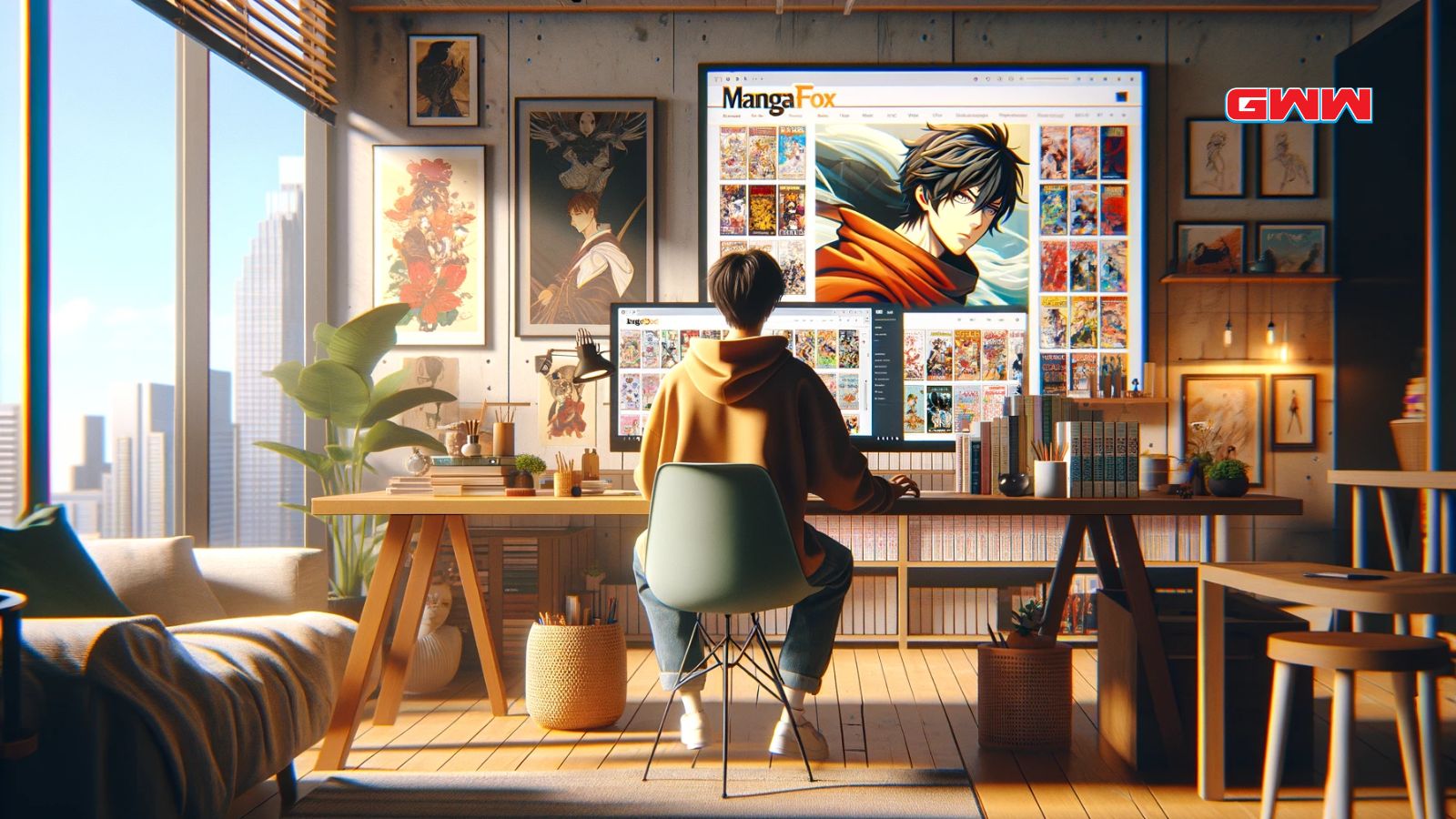 A guy in front of a computer browsing a selection of manga on MangaFox