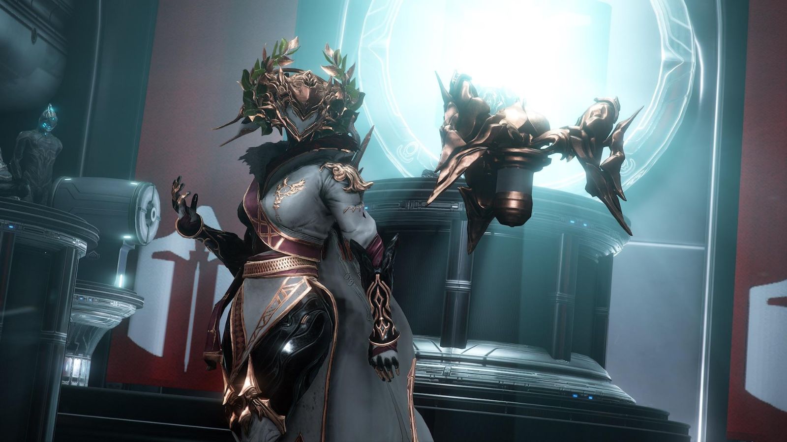 The Protea Warframe with her deluxe skin in the Arbiters of Hexis syndicate room in Captura mode