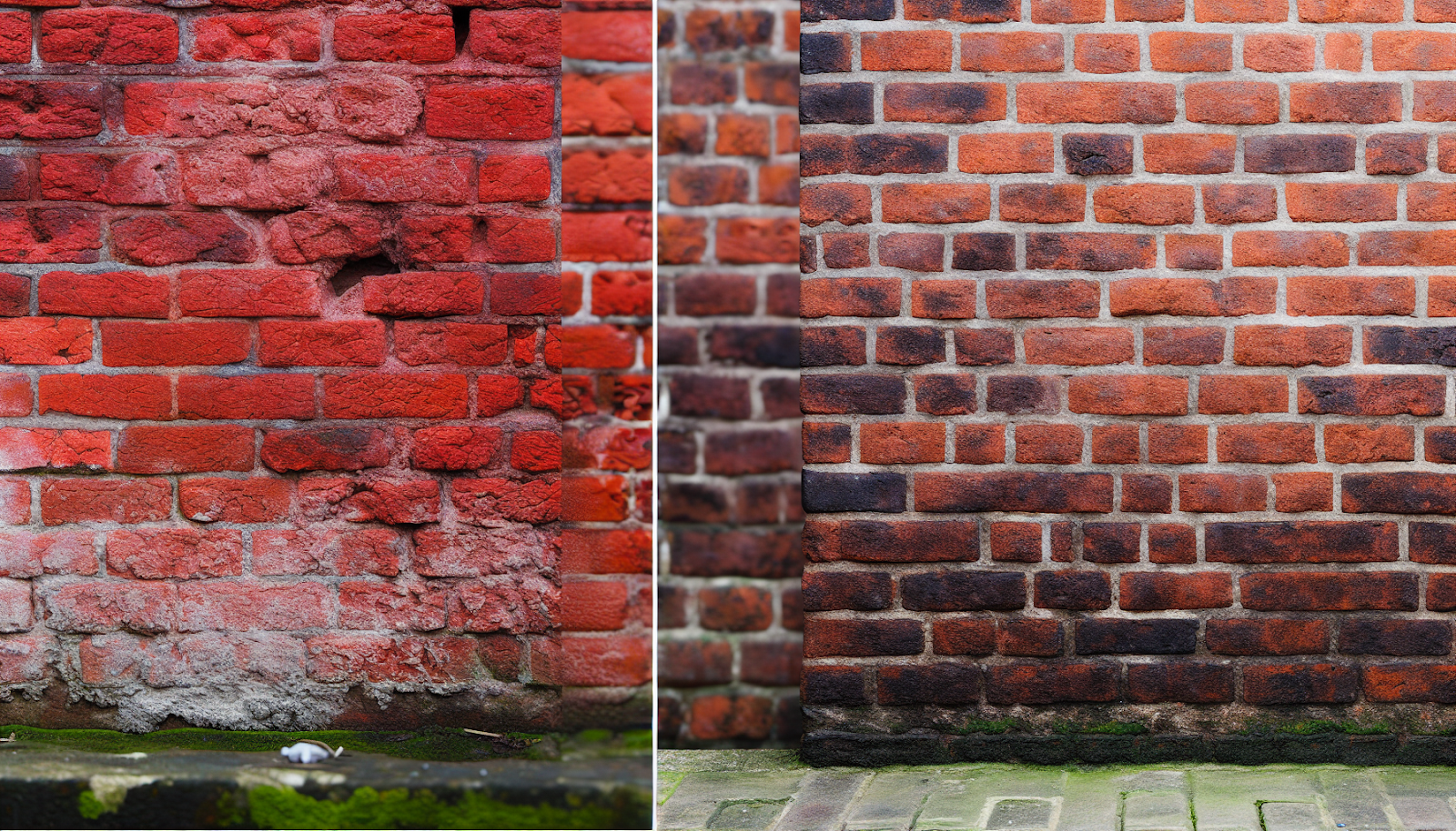 Comparison of a worn red brick wall and a restored wall, highlighting differences in brick color and mortar quality