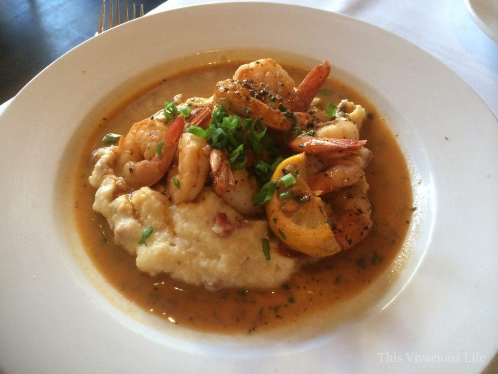 Shrimp and grits on a white plate