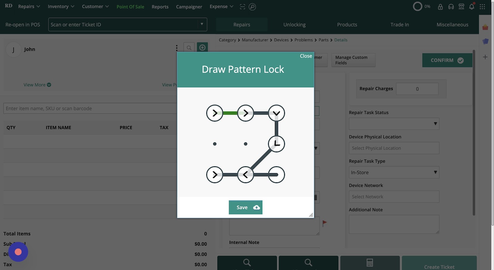 Screenshot of A new popup will appear where you will draw a pattern and Click Save