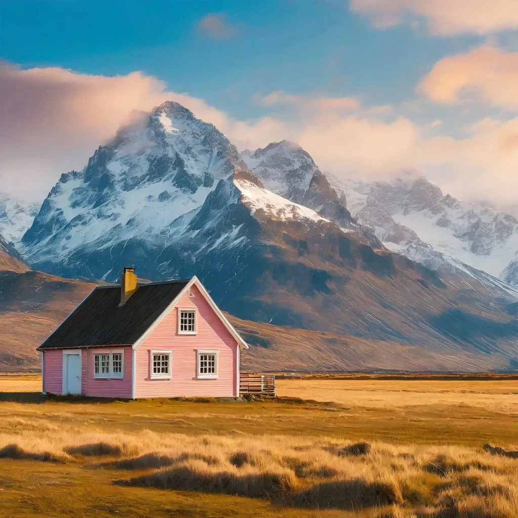 A quaint pink house situated in a vast open field with the majestic, snow-capped peaks of a mountain range in the background.