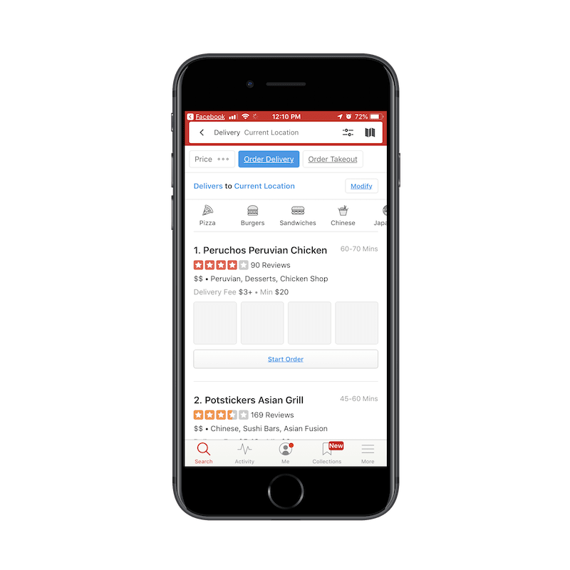 Yelp app search filters