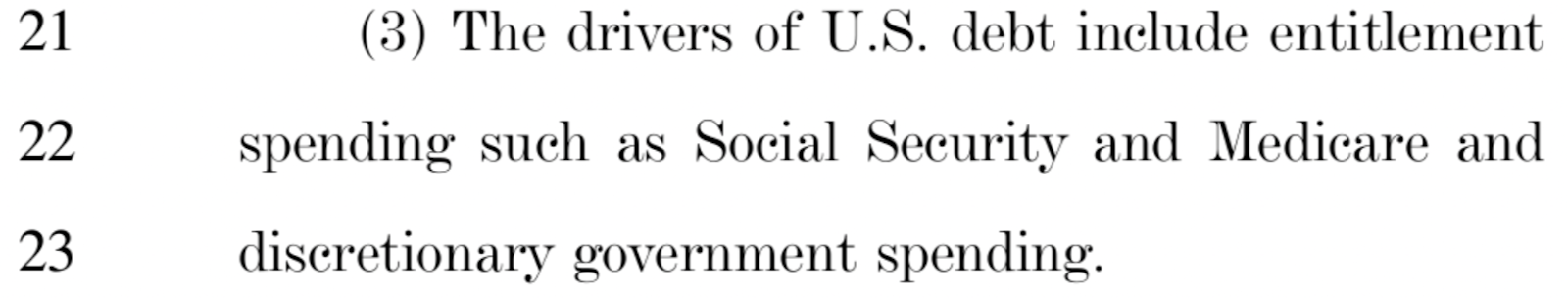 Text from the Concurrent Resolution on the Budget for Fiscal Year 2025, stating that the drivers of the U.S. debt include entitlement spending such as Social Security and Medicare and discretionary government spending. 