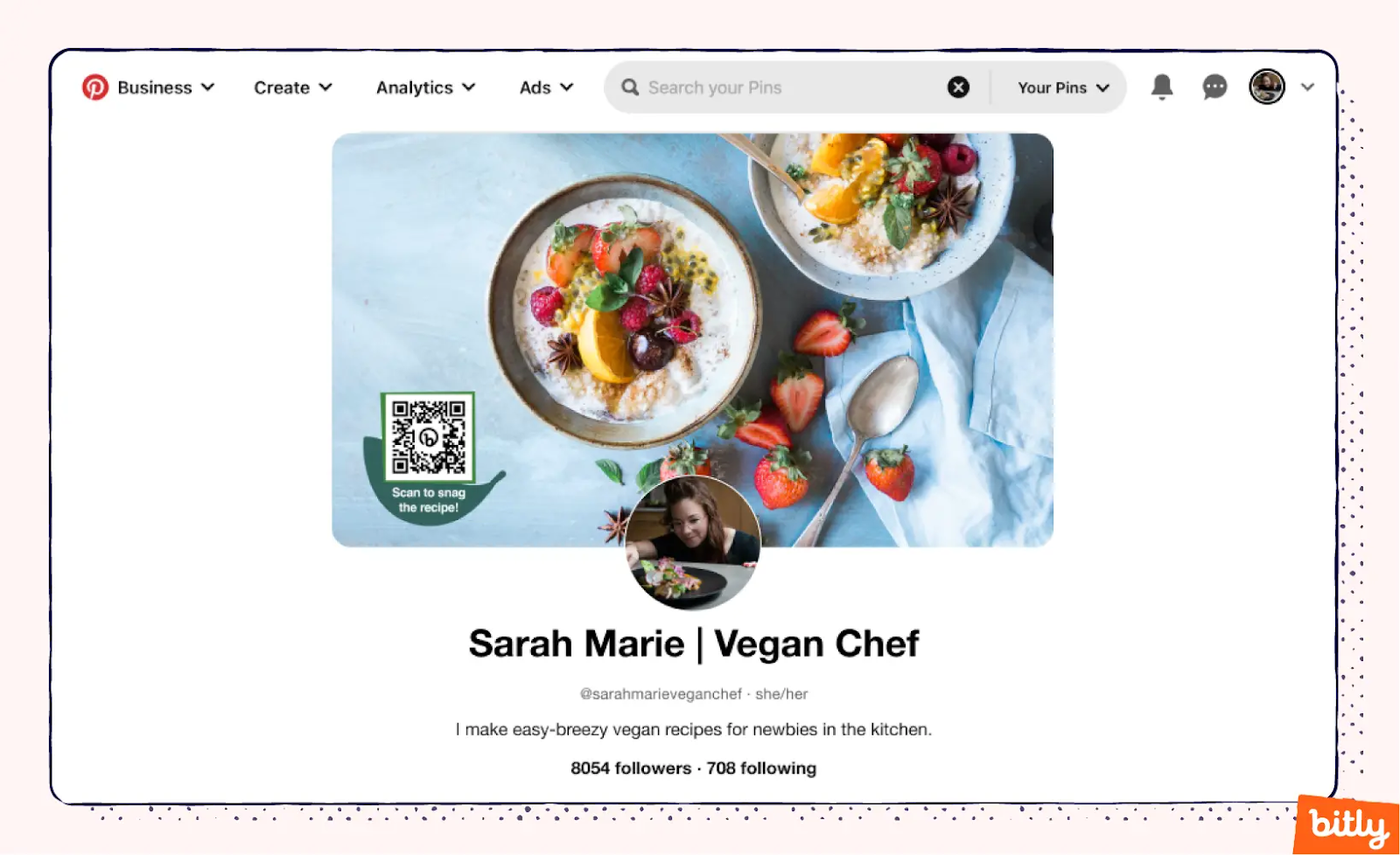 A screenshot of Sarah Marie's Pinterest bio, including an image with a QR Code and CTA 
