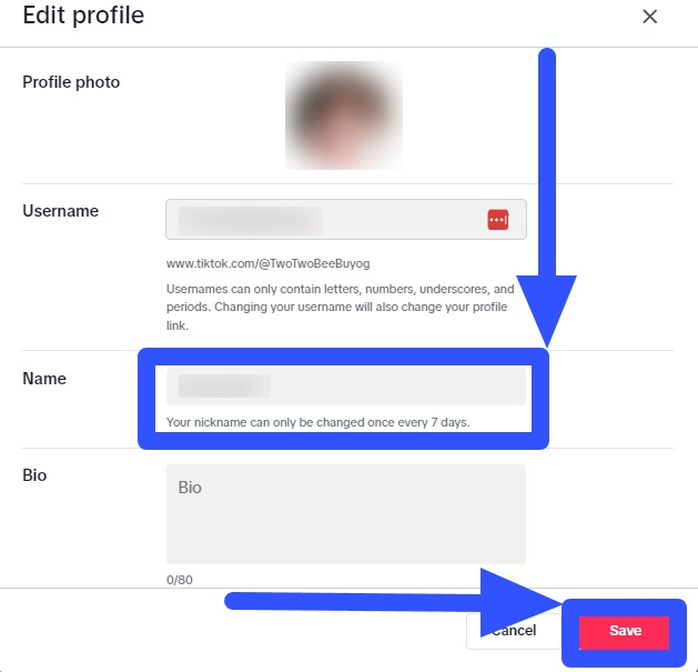 How to change tiktok username: Name field