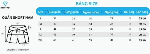 Bảng hướng dẫn chọn size quần chạy bộ nam Motive
