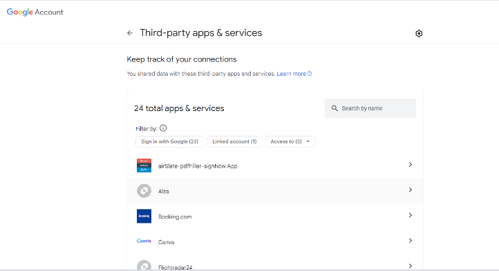 Figure 4. Managing third-party apps and SSO authorizations on Google