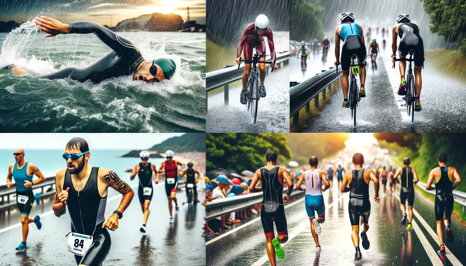 Photo of a triathlon race day with various challenges. Athletes dive into choppy water with large waves, signifying a tough swim. In another section, bikers navigate wet roads under torrential rain, making it slippery and dangerous. Runners are seen enduring the scorching heat, wiping sweat from their brows. To counter these challenges, some athletes are equipped with wetsuits, cooling vests, and hats to adapt to the conditions.