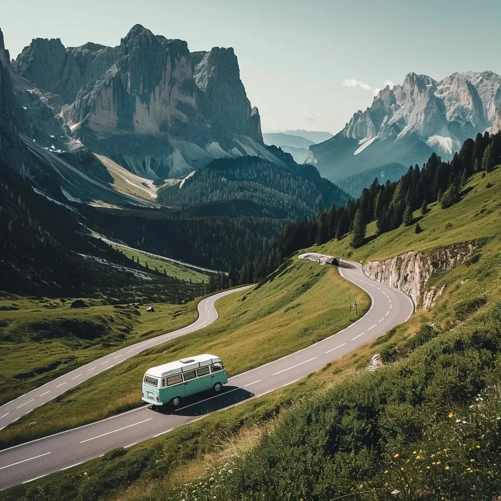 A vintage camper van driving on a winding road through a lush green alpine valley. In the background, dramatic mountain peaks rise sharply against a clear sky.