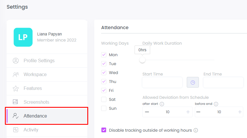 Attendance Settings on WebWork Time Tracker