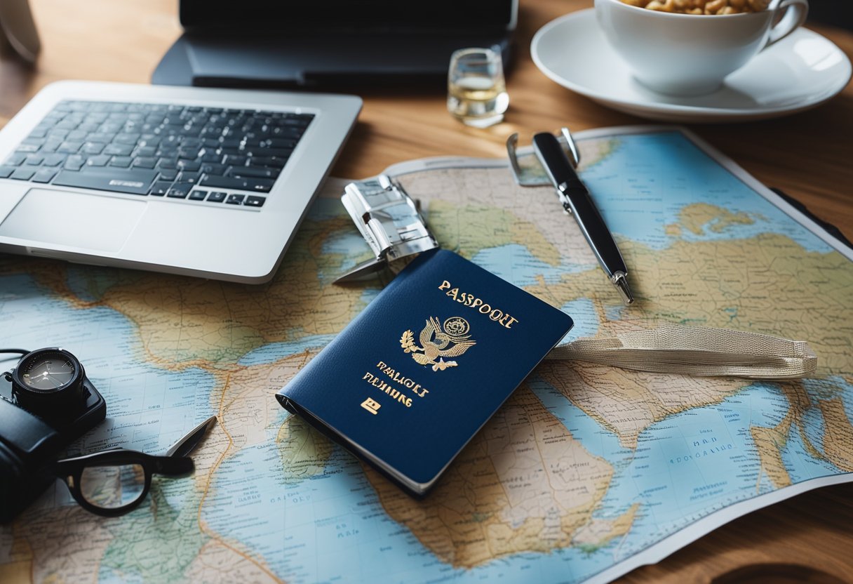 Final preparations for last-minute trip planning. Maps, passport, and suitcase on a table. A laptop open with travel websites