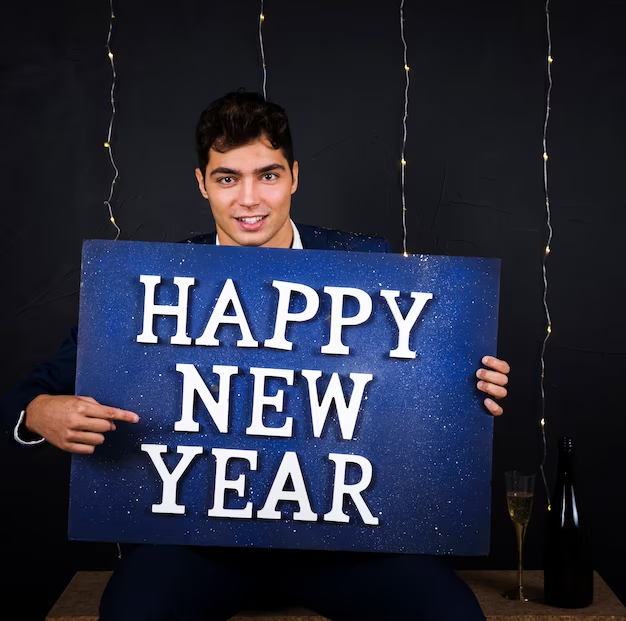 Young Man Holding Big Blue Banner With "Happy New Year" Written On It