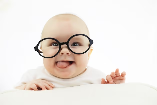 a smiling baby with glasses