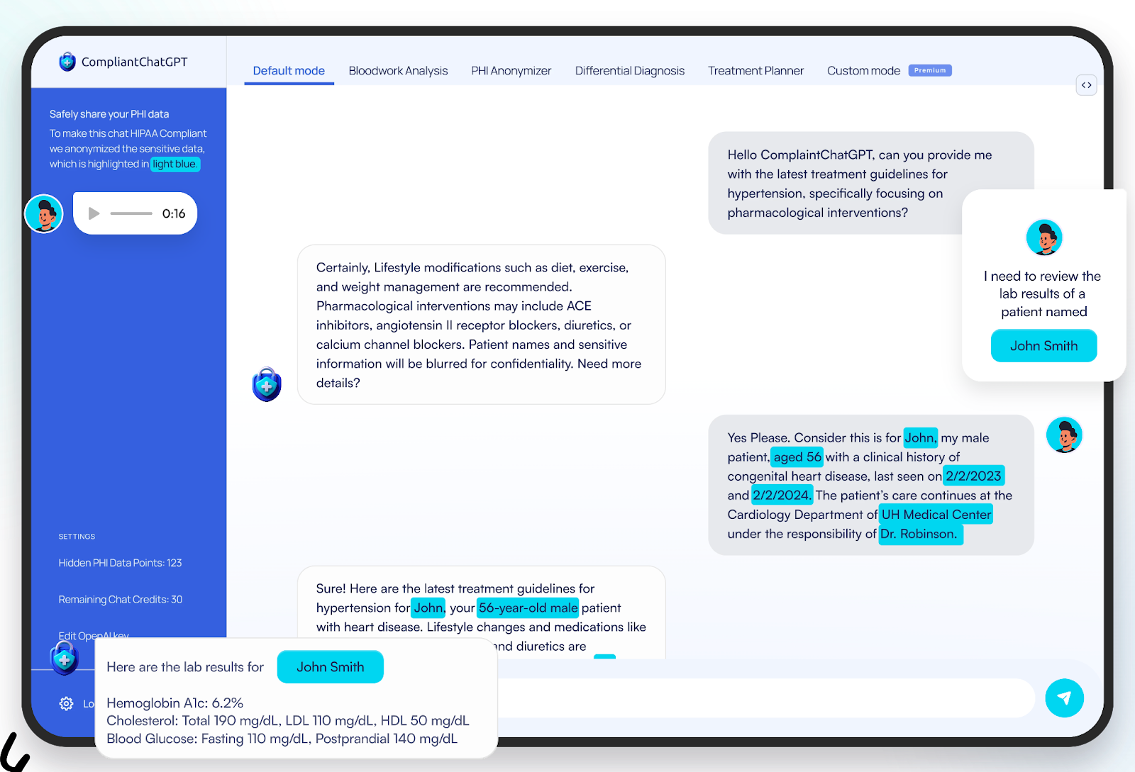 Screenshot of CompliantChatGPT's chatbot in blue, grey and white colors.