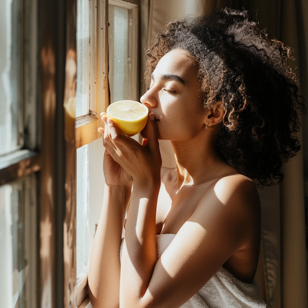 Black woman standing in front of the window, soaking up the sun, smelling a fresh lemon while making a  DIY clarying citrus scrub
