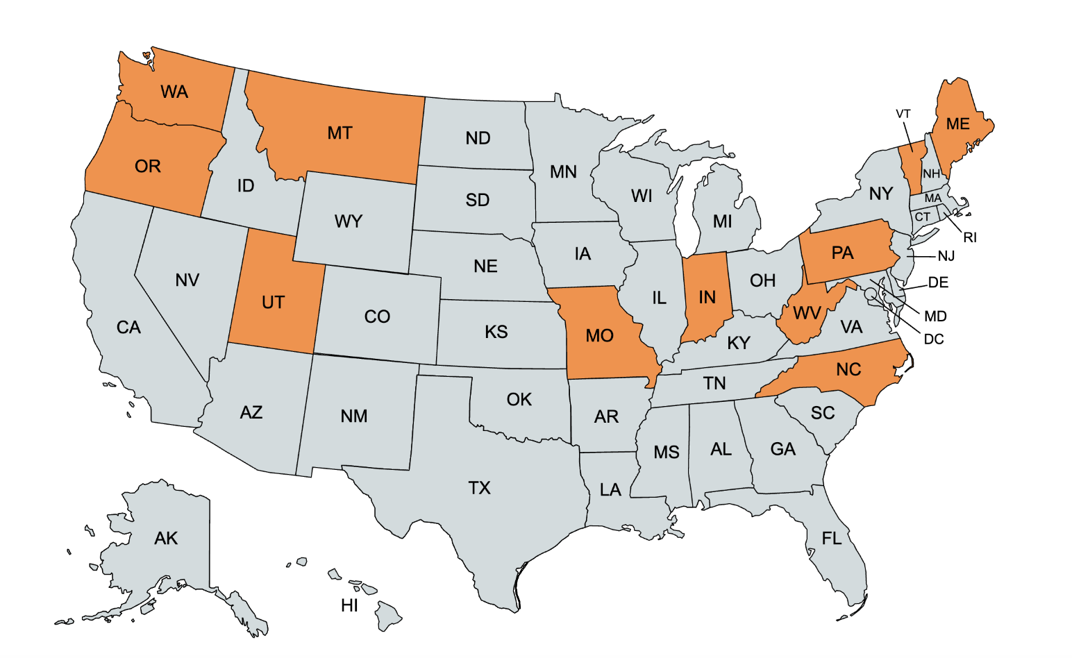 Map of U.S. with states with 2024 AG races in orange