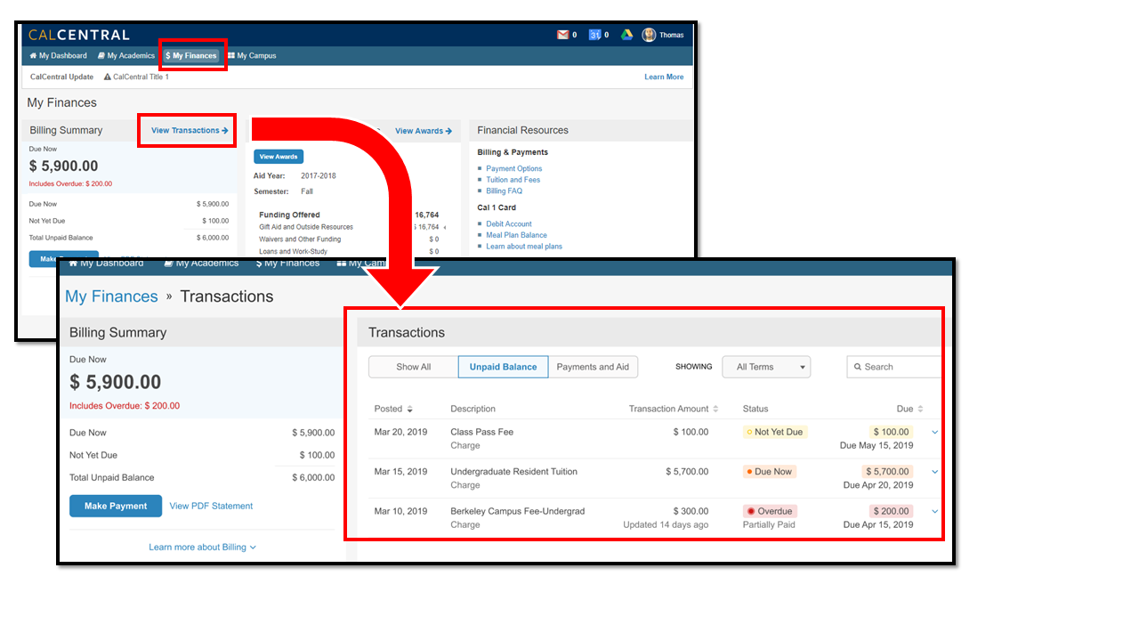 View of My Finances tab with "View Transactions" link emphasized with red box highlight. Red arrow pointing to zoomed in view of Transactions page emphasized with red box highlight.