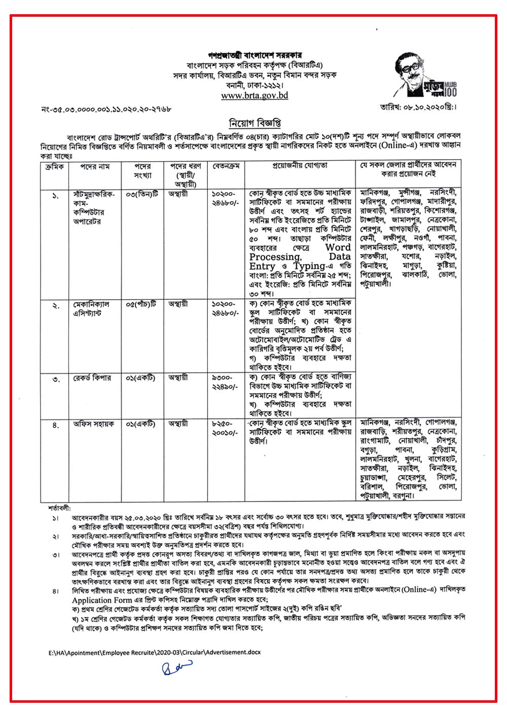 brta job circular