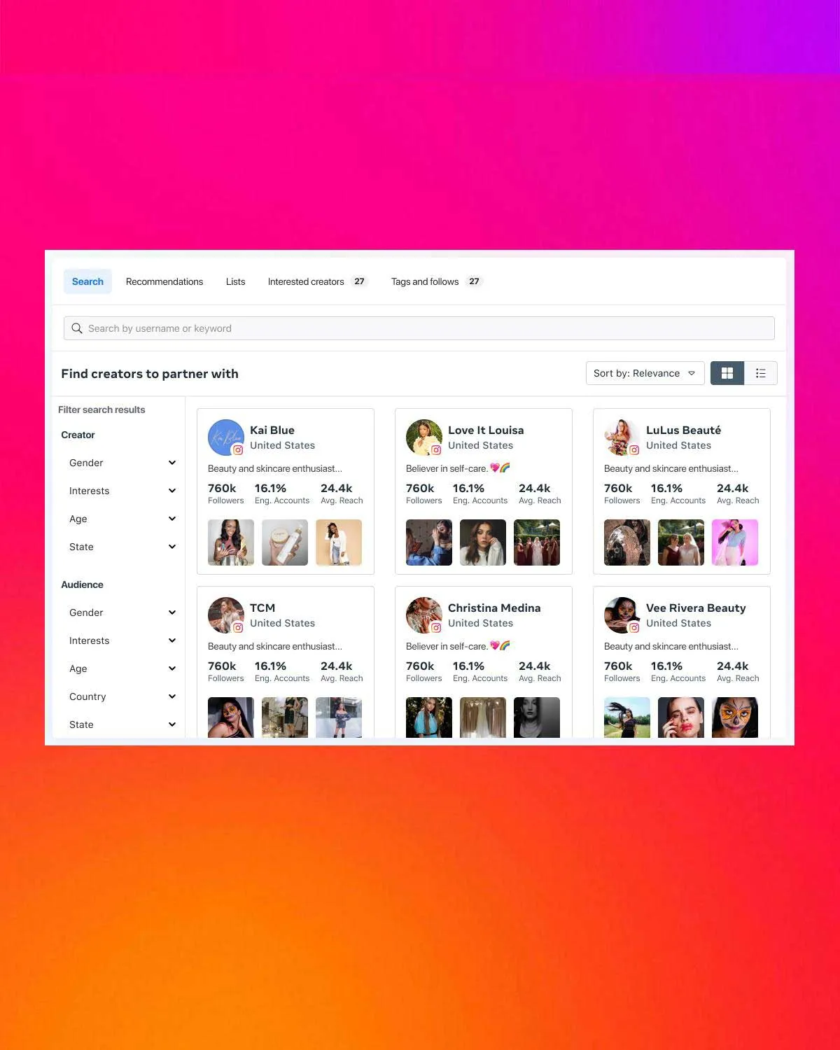 Instagram creator marketplace search dashboard