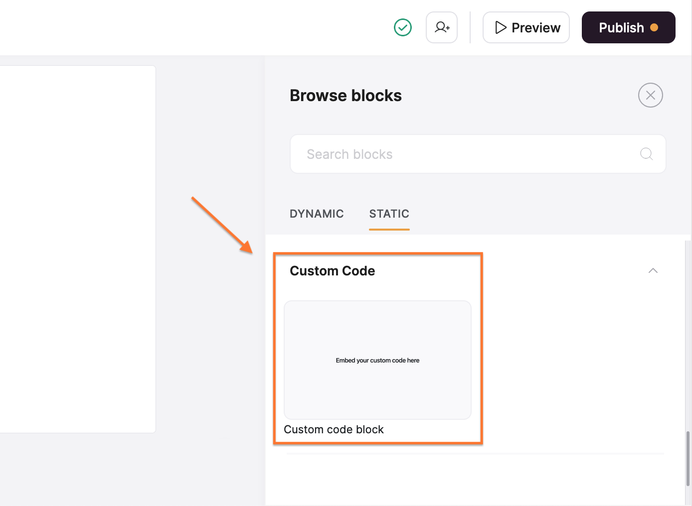 An overview of the ‘Browse blocks’ section in Softr studio, with the ‘Static’ tab opened, and the ‘Custom Code’ block option highlighted.