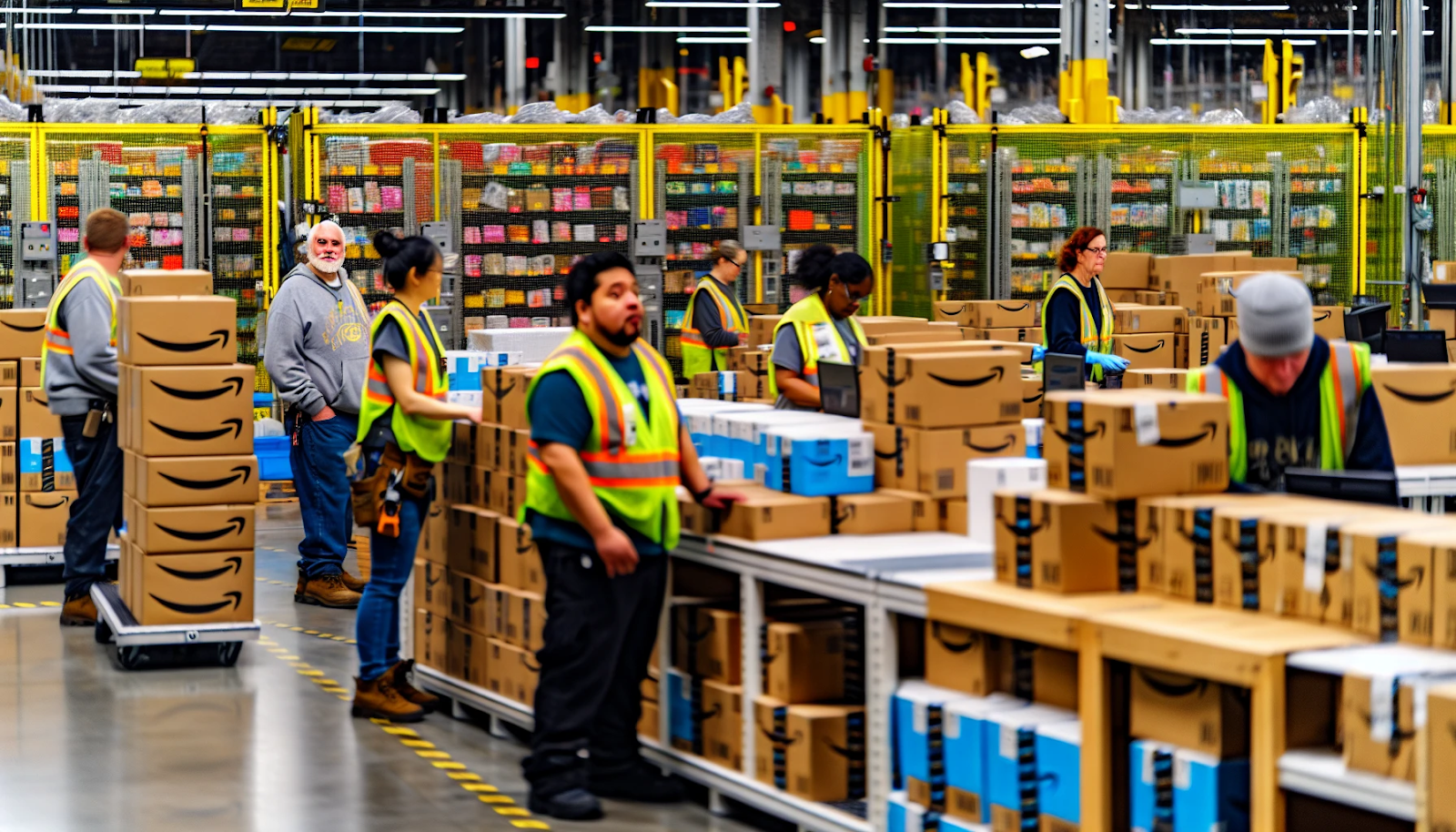 Amazon FBA fulfillment center with products ready for shipping