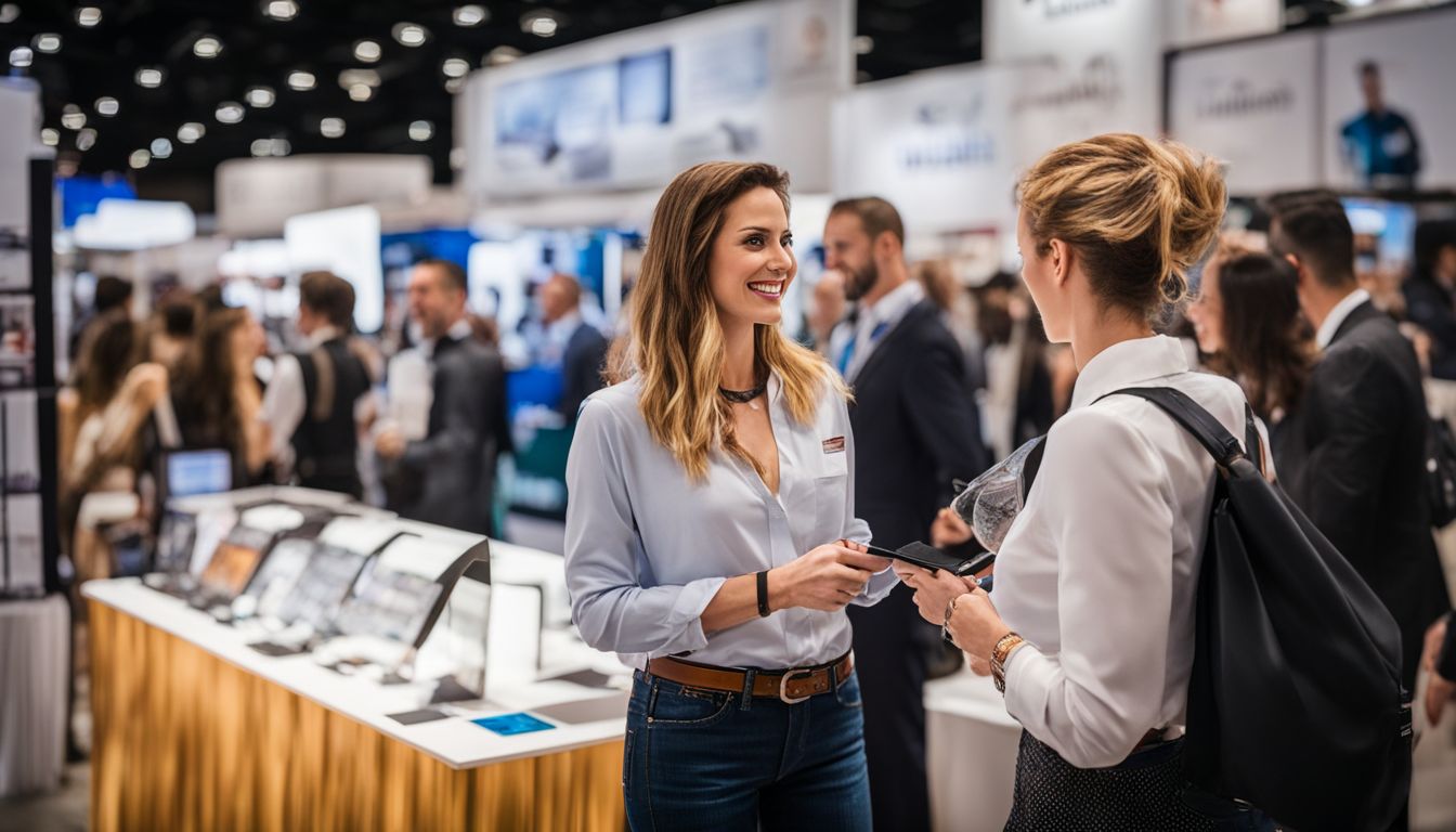 An employee enthusiastically engages with potential customers at a trade show.