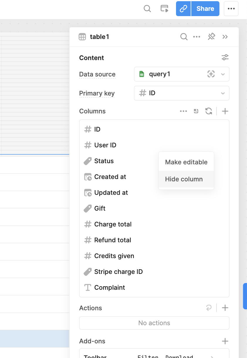 Table inspector options to configure settings